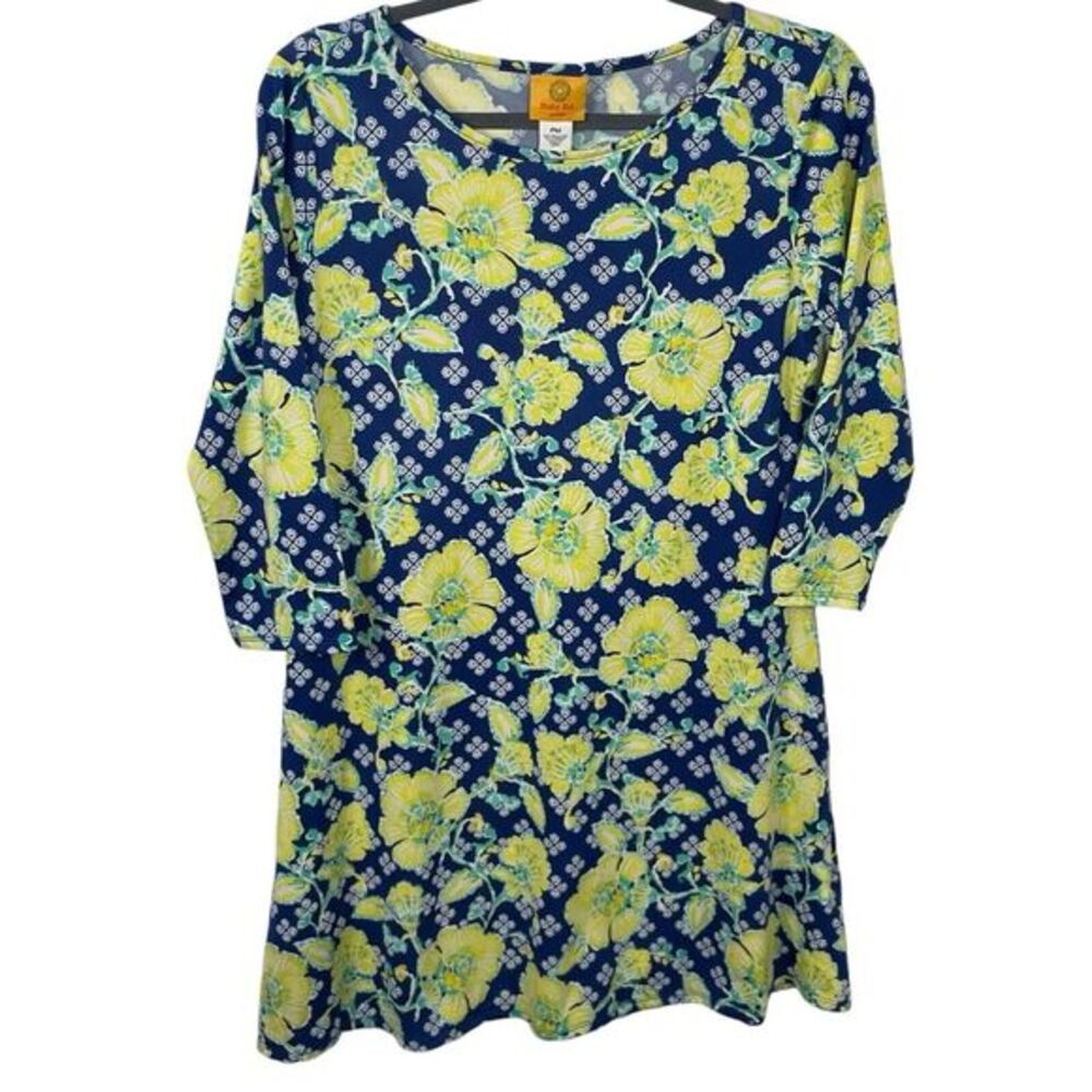 Ruby Rd Women's‎ Size PM Navy/Yellow Stretch 3/4 Sleeve Round neck Shift Dress